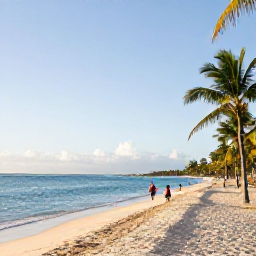 Caribbean Holidays, February Spa Breaks, A wide sandy beach in Punta Cana, Dominican Republic, with calm blue water, coconut palms and visitors enjoying a sunny February morning