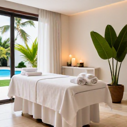 Caribbean Holidays, February Spa Breaks, An elegant Dominican Republic spa treatment room with natural light, white towels, candles and tropical greenery