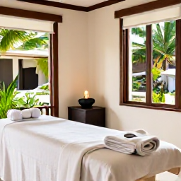 Caribbean Holidays, February Spa Breaks, An elegant spa treatment room in Saint Barth&eacute;lemy with natural textures, soft towels, candles and views of tropical greenery