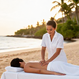 Caribbean Holidays, February Spa Breaks, Couple receiving a relaxing massage beside a quiet Cura&ccedil;ao beach, with soft February sunlight and tropical greenery