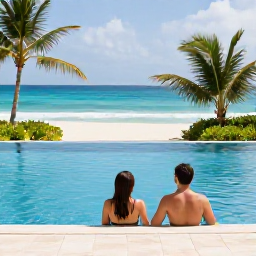 Caribbean Holidays, February Spa Breaks, Couple relaxing beside an infinity pool overlooking a Caribbean beach, with tropical greenery and bright February sunshine
