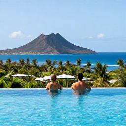 Caribbean Holidays, February Spa Breaks, Couple relaxing beside an infinity pool overlooking the Caribbean Sea on Nevis, with volcanic hills and tropical greenery in the background