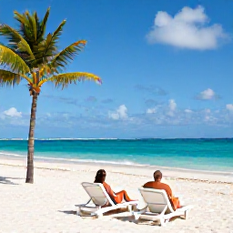 Caribbean Holidays, February Spa Breaks, Couple relaxing on a quiet white-sand beach in The Bahamas in February, with turquoise water, sun loungers and palm trees