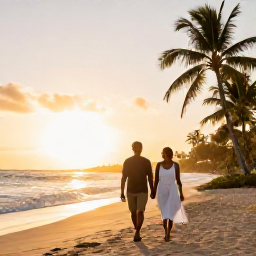 Caribbean Holidays, February Spa Breaks, Couple walking along a beautiful Barbados beach at sunset after a spa treatment, with palm trees and warm golden light