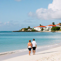 Caribbean Holidays, February Spa Breaks, Couple walking along a beautiful Caribbean beach in Saint Martin during a warm February afternoon, with calm blue water and white sand