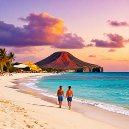 Caribbean Holidays, February Spa Breaks, Couple walking along a quiet sandy beach in Cura&ccedil;ao at sunset, turquoise sea and colourful island landscape