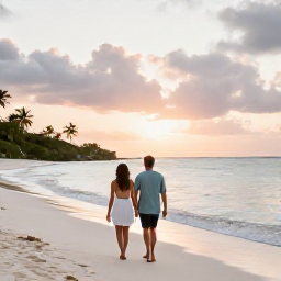 Caribbean Holidays, February Spa Breaks, Couple walking along a white sand beach at sunset on St John, United States Virgin Islands