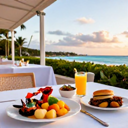Caribbean Holidays, February Spa Breaks, Elegant Bahamian restaurant terrace at sunset, serving fresh seafood and colourful tropical dishes beside the sea