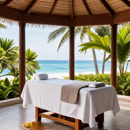 Caribbean Holidays, February Spa Breaks, Elegant Barbados resort spa with natural wood, white linens, tropical greenery and a peaceful treatment room overlooking the sea