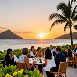 Caribbean Holidays, February Spa Breaks, Elegant Caribbean dinner terrace at sunset in the US Virgin Islands, with relaxed guests, tropical foliage and sea views