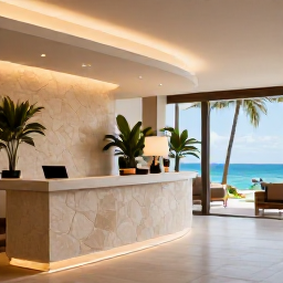 Caribbean Holidays, February Spa Breaks, Elegant Caribbean spa reception with natural stone, tropical plants, soft lighting and views towards the sea on Nevis