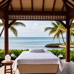 Caribbean Holidays, February Spa Breaks, Elegant Caribbean spa resort with open-air treatment pavilion, palm trees and calm sea in February