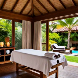 Caribbean Holidays, February Spa Breaks, Elegant Caribbean spa treatment room with natural wood, soft towels, candles and views of tropical gardens