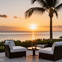 Caribbean Holidays, February Spa Breaks, Elegant Cura&ccedil;ao resort terrace overlooking a calm Caribbean sunset, spa holiday atmosphere and comfortable outdoor seating