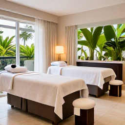 Caribbean Holidays, February Spa Breaks, Elegant spa and wellness setting in Port of Spain, Trinidad, with tropical greenery and contemporary treatment rooms