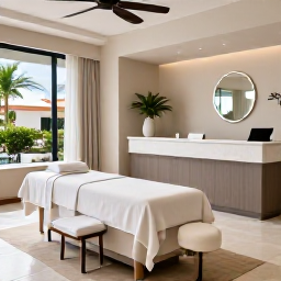 Caribbean Holidays, February Spa Breaks, Elegant spa reception and treatment room at a Caribbean hotel in Sint Maarten, with natural light, tropical plants and calm neutral d&eacute;cor