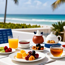 Caribbean Holidays, February Spa Breaks, Healthy Caribbean breakfast, fresh tropical fruit and herbal tea on a hotel terrace overlooking the sea in February