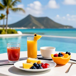 Caribbean Holidays, February Spa Breaks, Healthy Caribbean breakfast with fresh tropical fruit beside a hotel pool in the United States Virgin Islands