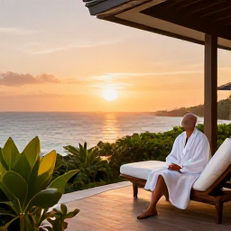 Caribbean Holidays, February Spa Breaks, Luxury Caribbean resort terrace at sunset with spa robes, tropical plants and a peaceful view of the ocean
