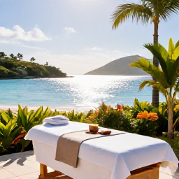 Caribbean Holidays, February Spa Breaks, Open-air resort spa overlooking a calm Caribbean bay in St Thomas, with treatment beds, tropical plants and bright February sunshine