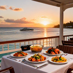 Caribbean Holidays, February Spa Breaks, Outdoor Caribbean restaurant at sunset serving fresh seafood and colourful healthy dishes beside the sea