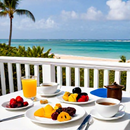 Caribbean Holidays, February Spa Breaks, Peaceful Barbados hotel terrace with a healthy breakfast, tropical fruit, herbal tea and a view of the Caribbean Sea
