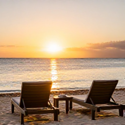 Caribbean Holidays, February Spa Breaks, Peaceful Cura&ccedil;ao beach at sunset with two loungers, calm sea and warm golden light, representing a rejuvenating spa holiday