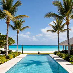 Caribbean Holidays, February Spa Breaks, Peaceful luxury resort in The Bahamas with palm-lined paths, an inviting pool and turquoise sea in the background