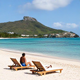 Caribbean Holidays, February Spa Breaks, Quiet Caribbean beach on Saint Kitts with sun loungers, clear water, green hills and a couple enjoying a peaceful February afternoon