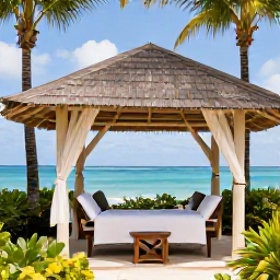 Caribbean Holidays, February Spa Breaks, Relaxing beachfront spa setting in Barbados during February, with a shaded treatment pavilion, palm trees and calm turquoise sea