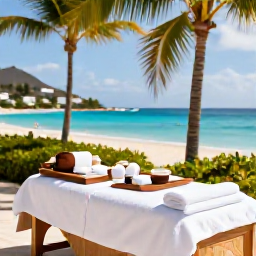 Caribbean Holidays, February Spa Breaks, Relaxing beachfront spa treatment at a luxury resort in Saint Martin, with turquoise sea and palm trees in warm February sunshine