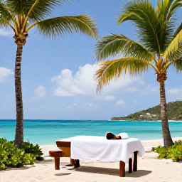 Caribbean Holidays, February Spa Breaks, Relaxing beachfront spa treatment at a luxury resort in St Thomas, US Virgin Islands, with palm trees and turquoise sea