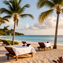 Caribbean Holidays, February Spa Breaks, Relaxing beachfront spa treatment at a luxury resort on Saint Kitts, with palm trees, calm turquoise sea and warm February sunshine