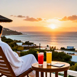 Caribbean Holidays, February Spa Breaks, Romantic Caribbean sunset viewed from a resort terrace in Saint Martin, with spa robes, tropical drinks and the sea beyond