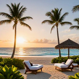 Caribbean Holidays, February Spa Breaks, Serene Caribbean beach at sunrise with a luxury spa resort, palm trees and calm turquoise sea