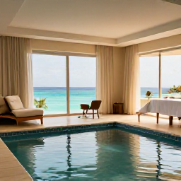 Caribbean Holidays, February Spa Breaks, Spa pool and treatment room overlooking the Caribbean Sea in Cura&ccedil;ao, soft natural light and peaceful atmosphere