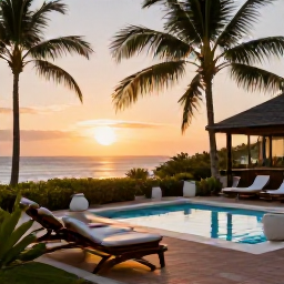Caribbean Holidays, February Spa Breaks, Sunset over a luxury Caribbean resort on Nevis, with an outdoor spa terrace, palm trees and warm evening light