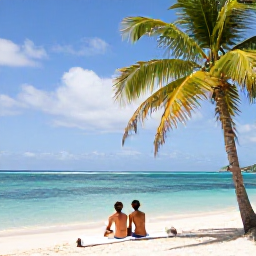 Caribbean Holidays, February Spa Breaks, Tropical Tobago beach with palm trees, calm turquoise sea and a peaceful couple enjoying a February spa holiday