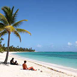 Caribbean Holidays, February Spa Breaks, Visitors relaxing on a quiet sandy beach in Saint Kitts, with turquoise water, palm trees and a clear blue February sky