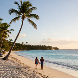 Caribbean Holidays, February Tours, A couple walking along a quiet British Virgin Islands beach in February, with palm trees, turquoise water and soft golden afternoon light