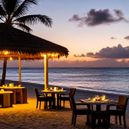 Caribbean Holidays, February Tours, A relaxed evening at a Caribbean beach restaurant in February, with tables near the sand, warm lights and a sunset over the sea