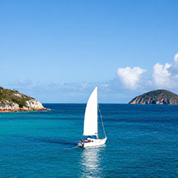 Caribbean Holidays, February Tours, A small sailing boat cruising between the British Virgin Islands, with bright turquoise sea, rocky islands and a relaxed February holiday atmosphere