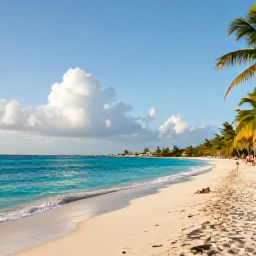 Caribbean Holidays, February Tours, A sunny February morning on a Saint Martin beach, turquoise Caribbean water, pale sand, palm trees and a few relaxed visitors