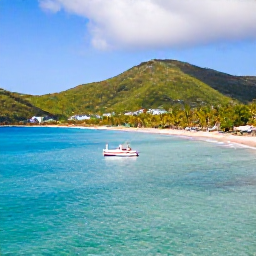 Caribbean Holidays, February Tours, Bright Caribbean morning over a turquoise bay on Saint Vincent, with a small tour boat, green hills and palm trees