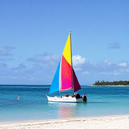 Caribbean Holidays, February Tours, Colourful sailing boat cruising between the Grenadine islands, with calm blue sea, white sand and a sunny Caribbean sky