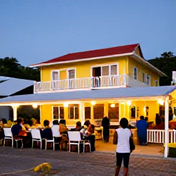 Caribbean Holidays, February Tours, Friendly evening scene in Kingstown, Saint Vincent, with local restaurants, colourful buildings and visitors enjoying Caribbean food