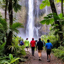 Caribbean Holidays, February Tours, Guided rainforest walk on Saint Vincent, with visitors following a trail beneath tropical trees towards a waterfall