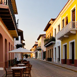 Caribbean Holidays, February Tours, Historic Santo Domingo colonial street at golden hour with colourful buildings and relaxed outdoor cafes
