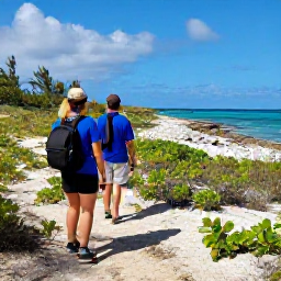 Caribbean Holidays, February Tours, Nature guide leading visitors through the dry coastal landscape of Grand Turk, with native plants, rocky shoreline and bright Caribbean skies