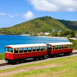 Caribbean Holidays, February Tours, Scenic railway carriage travelling beside the coast and green hills of Saint Kitts